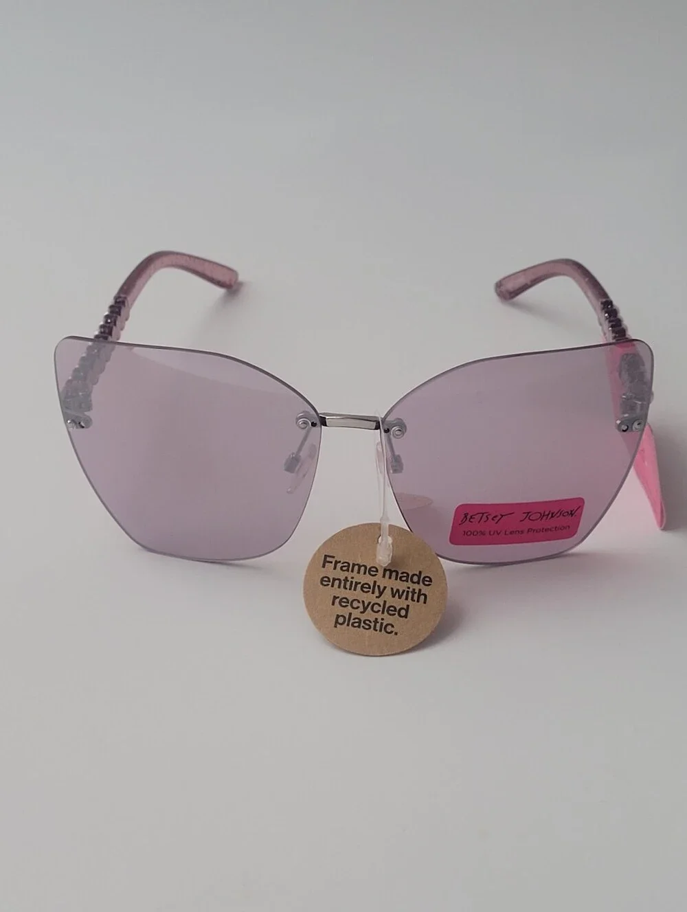 Betsey Johnson Purple Oversized Cat Eye Sunglasses Pearl Temples Rimless UV400